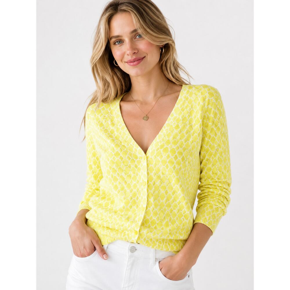 Merona Women's L Yellow White Geometric Button Front Cardigan Sweater